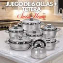 Juego de 6 ollas+ tetera SWISSHOME en Acero Inoxidable Grado Quirurgico